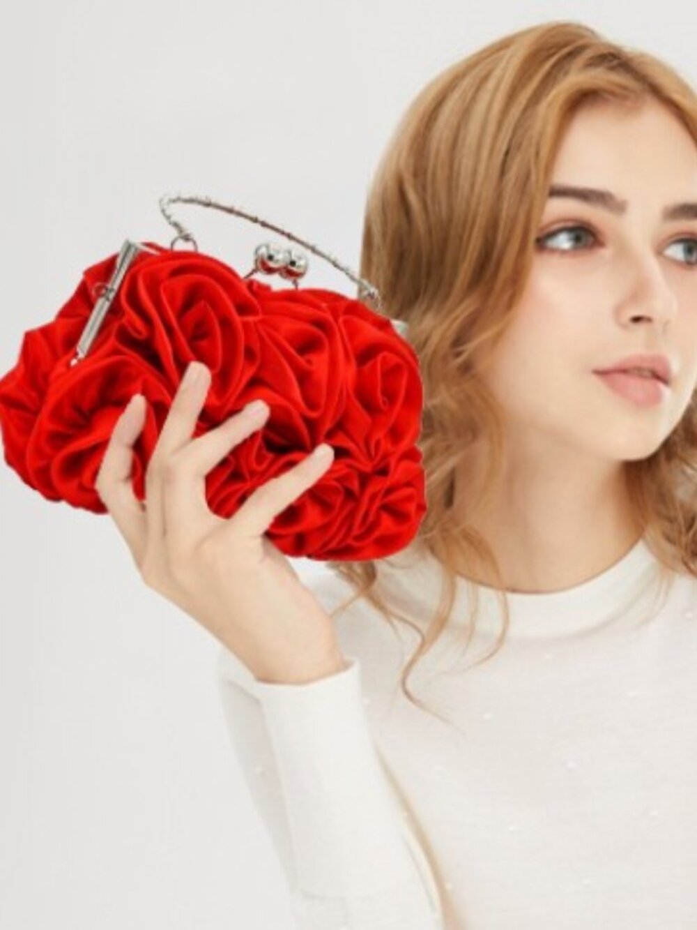 New Clutch Bag Floral Satin Small Purse Red Rose